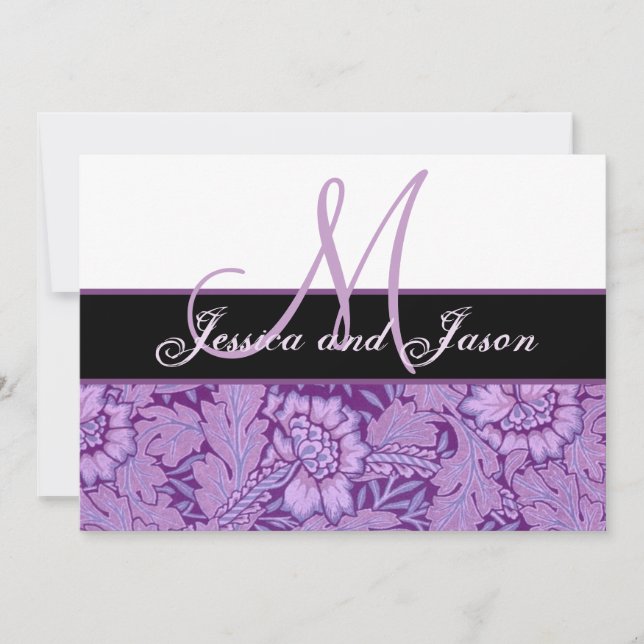 Convites Casamento tema damasco Iris Purple Vintage Monogra (Frente)