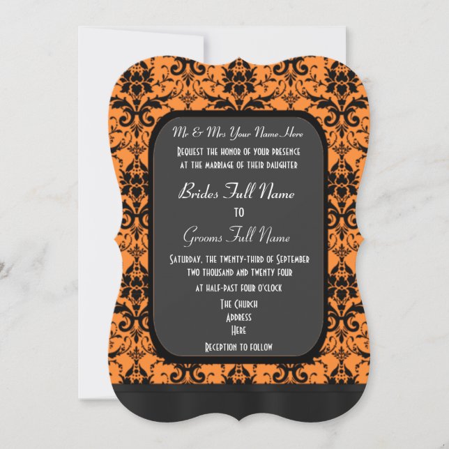 Convites Casamento tema damasco laranja e preto (Frente)