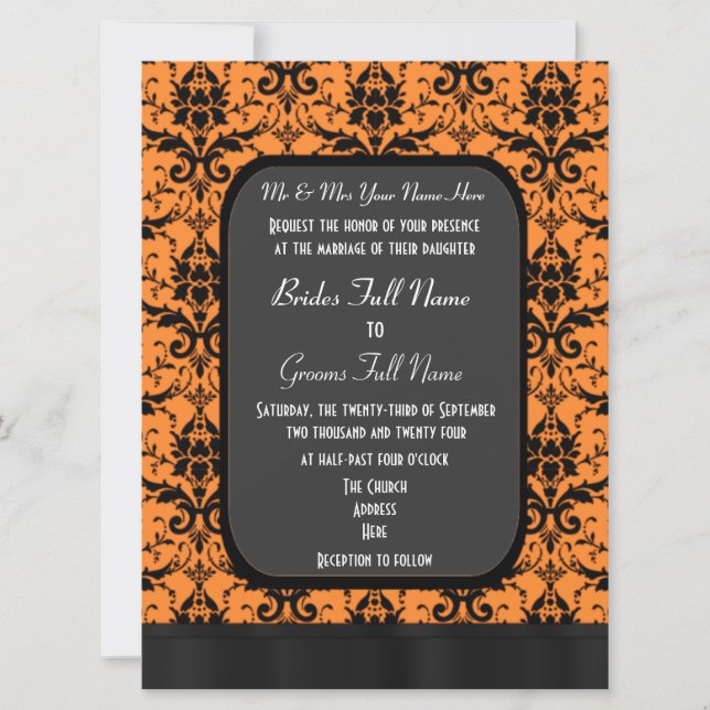 Convites Casamento tema damasco laranja e preto (Frente)