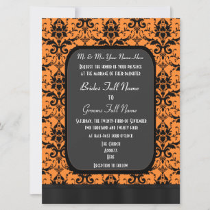 Convites Casamento tema damasco laranja e preto