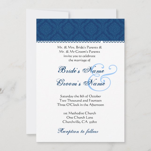 Convites Casamento tema damasco Marinho azul e branco (Frente)
