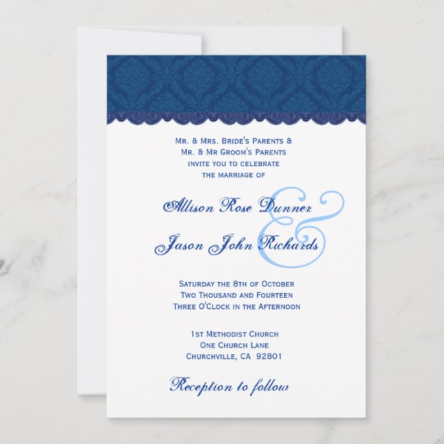 Convites Casamento tema damasco Marinho azul e branco V001 (Frente)