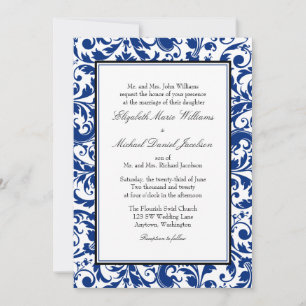 Convites Casamento tema damasco Marinho de espiral azul e p