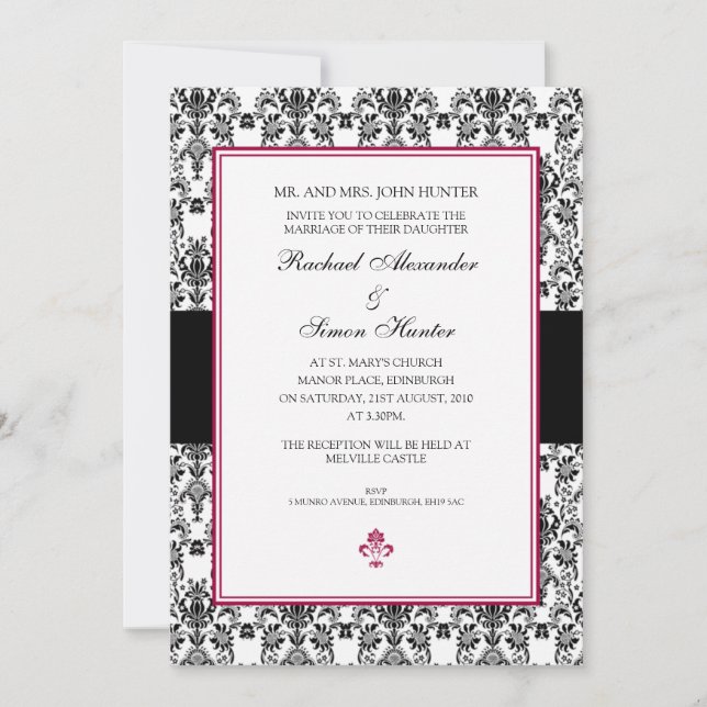 Convites Casamento tema damasco Preto e Branco (Frente)