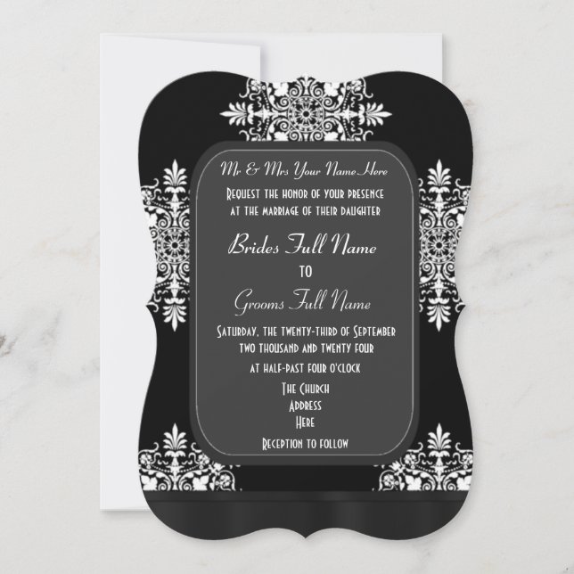 Convites Casamento tema damasco preto e branco (Frente)