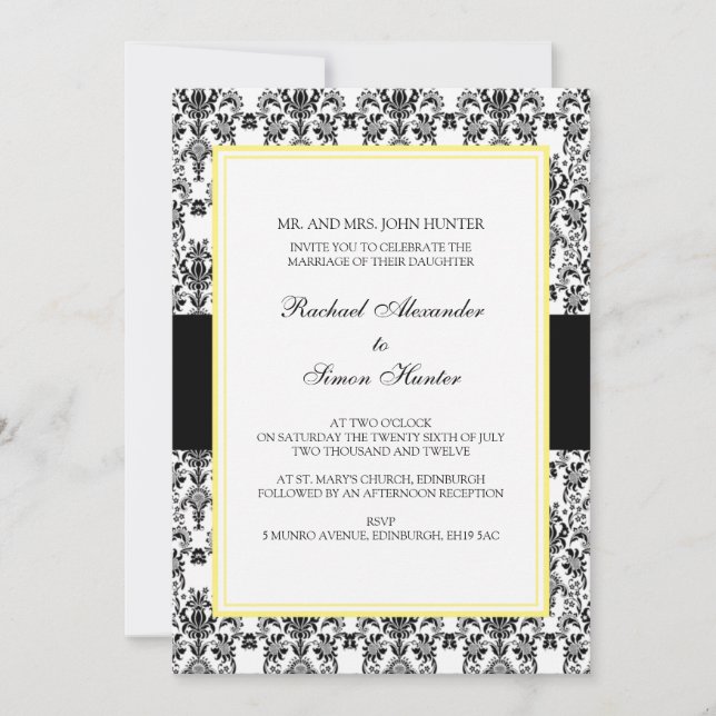 Convites Casamento tema damasco Preto e Branco - Amarelo 2 (Frente)