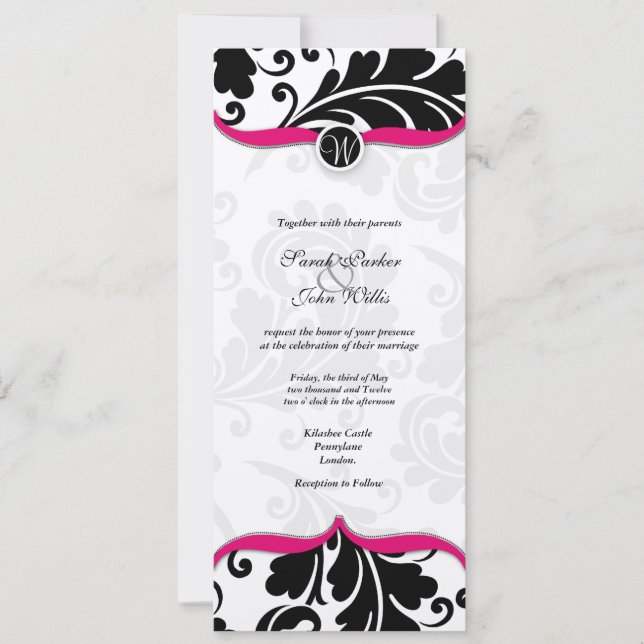 Convites Casamento tema damasco preto e branco Convide com  (Frente)