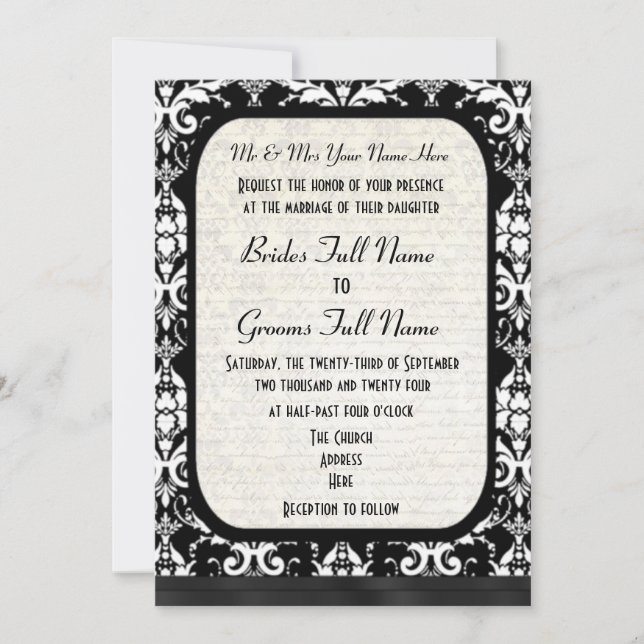 Convites Casamento tema damasco preto e branco formal tradi (Frente)