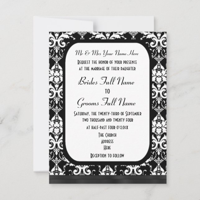 Convites Casamento tema damasco preto e branco formal tradi (Frente)