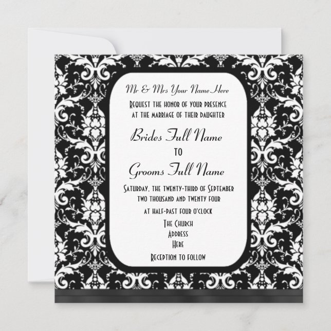 Convites Casamento tema damasco preto e branco formal tradi (Frente)