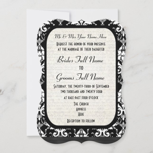 Convites Casamento tema damasco preto e branco formal tradi (Frente)