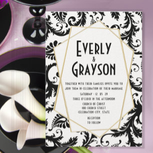 Convites Casamento tema damasco preto e branco monograma