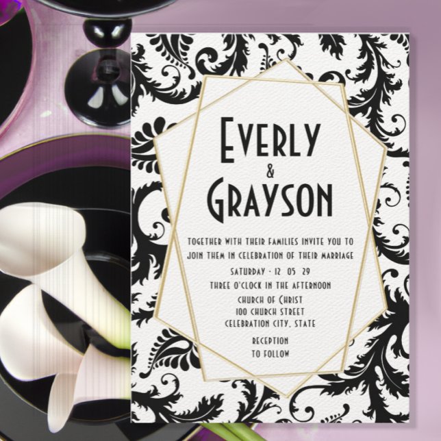 Convites Casamento tema damasco preto e branco monograma (Criador carregado)