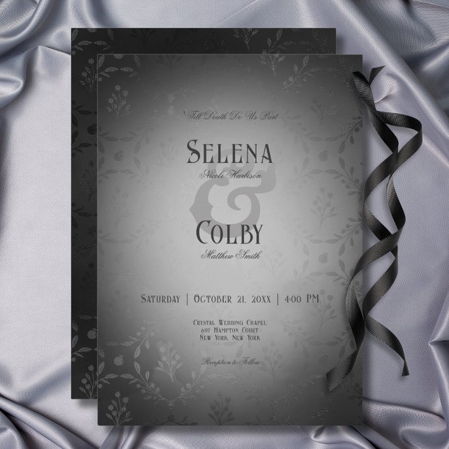 Convites Casamento tema damasco Preto Gótico Escuro Vintage (Vintage Dark Gothic Black Damask Wedding Invitation)