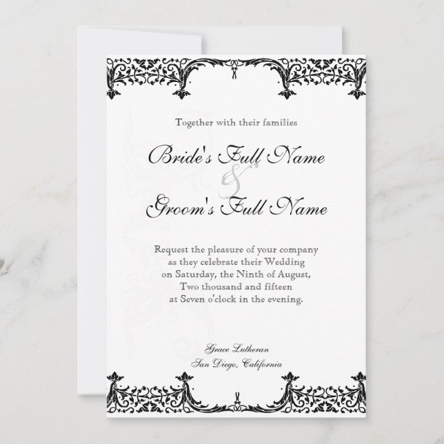 Convites Casamento tema damasco Preto n Branco Fleur de Lis (Frente)