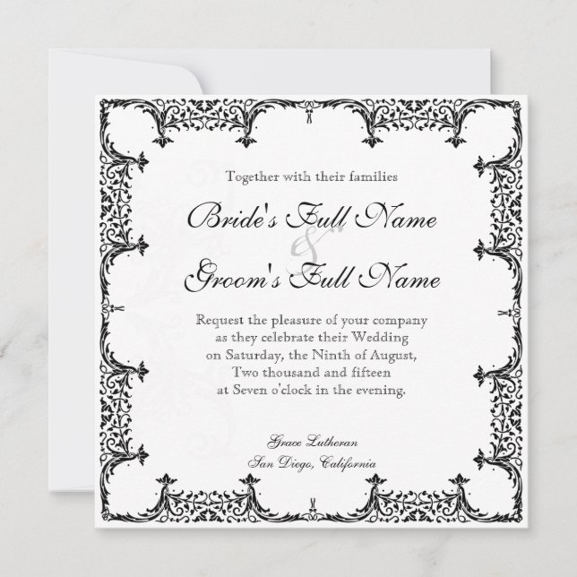 Convites Casamento tema damasco Preto n Branco Fleur de Lis (Frente)