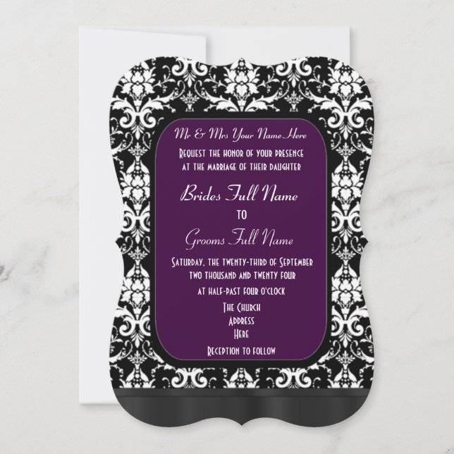 Convites Casamento tema damasco preto, roxo e branco (Frente)