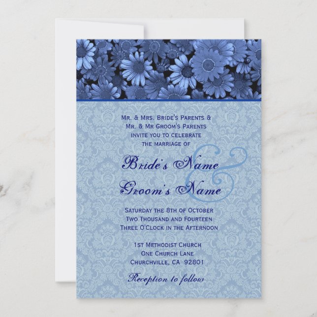 Convites Casamento tema damasco Real Azul Daisy (Frente)