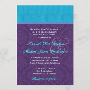 Convites Casamento tema damasco Real Púrpura e Azul Aqua V