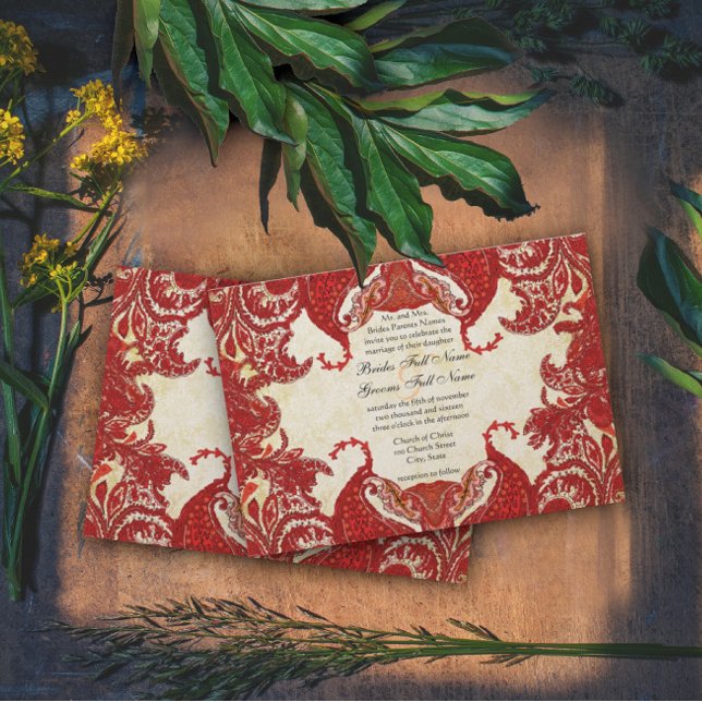 Convites Casamento tema damasco Red Vintage Paisley (Criador carregado)