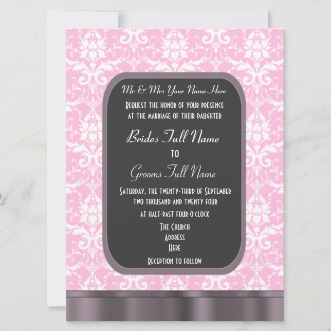 Convites Casamento tema damasco rosa e branco (Frente)