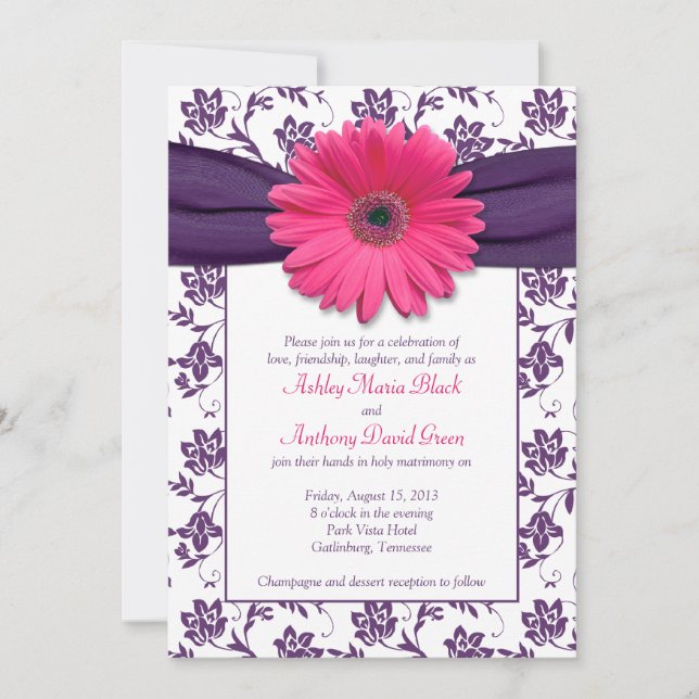 Convites Casamento tema damasco Rosa Gerber Daisy Purple Co (Frente)