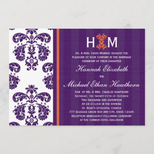 Convites Casamento tema damasco roxo e laranja monograma