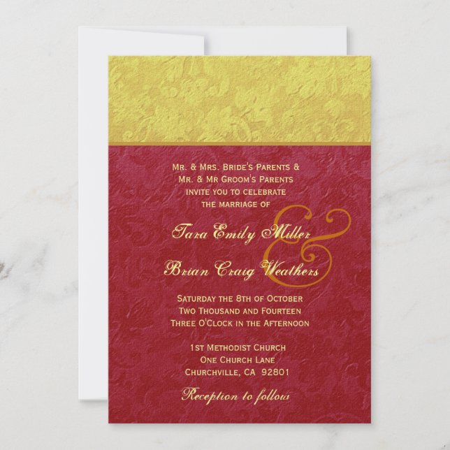 Convites Casamento tema damasco vermelho e Dourado TS211 (Frente)