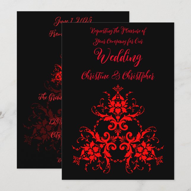 Convites Casamento tema damasco Vermelho Romântico, Elegant (Frente/Verso)