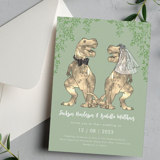 Convites Casamento Tema Dinossauro Verde Salvia (Dinosaur T-Rex bride and groom sage green and white wedding invitation Funny T-Rex bride and groom )