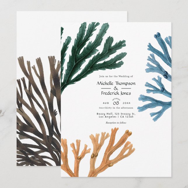 Convites Casamento Temático de Água-Marinha à Beira-Mar (Frente/Verso)
