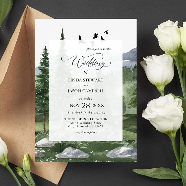 Convites Casamento Temático de Aquarela Rústica da Floresta (Rustic pine forest watercolor invitation sets a calm, nature-inspired tone for your wedding.)