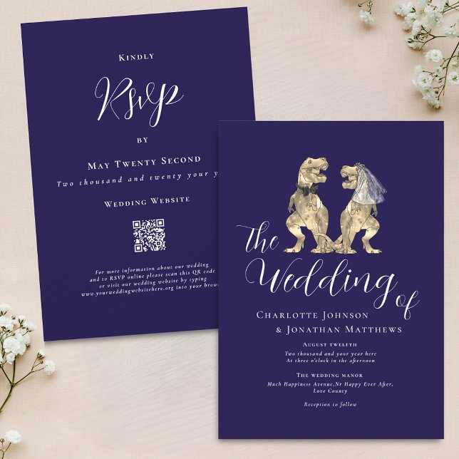 Convites Casamento Temático de Dinossauro Azul Marinho Bran (Dinosaur theme wedding navy blue and white QR code invitation Elegant modern script )
