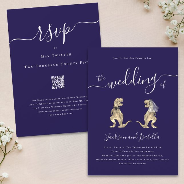 Convites Casamento Temático de Dinossauro Azul Marinho Bran (Dinosaur theme wedding qr code navy blue and white invitation Elegant script T-Rex bride and groom)