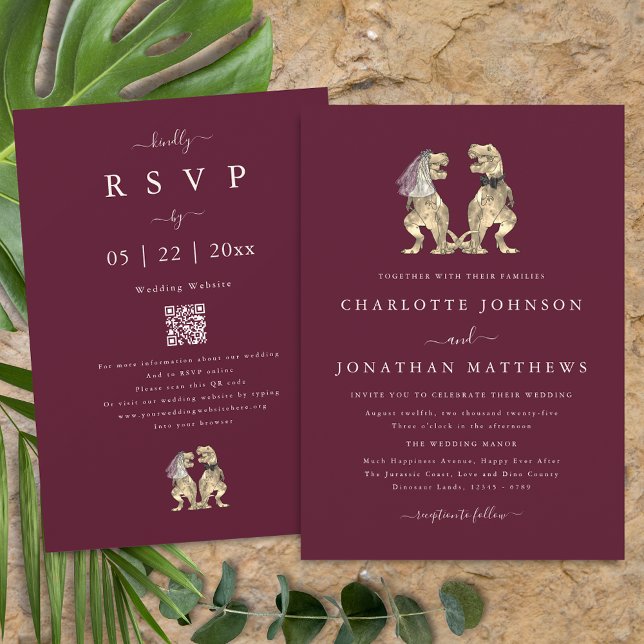 Convites Casamento Temático de Dinossauro Borgonha Creme Có (Dinosaur theme wedding burgundy cream qr code invitation T-Rex dino bride and groom elegant modern)