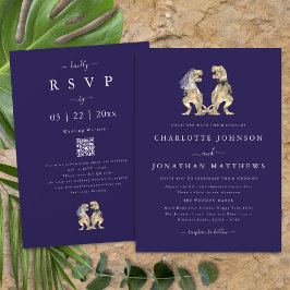 Convites Casamento Temático de Dinossauro Código QR Azul Ma