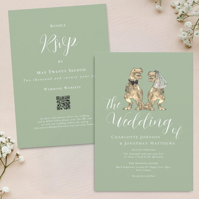 Convites Casamento Temático de Dinossauro Código QR Verde S (Dinosaur theme wedding sage green and white QR Code invitation Fun T-Rex dino bride and groom modern)