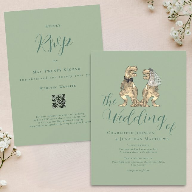 Convites Casamento Temático de Dinossauro Código QR Verde S (Dinosaur theme wedding sage green QR code invitation Modern elegant script fun T-Rex dino couple)