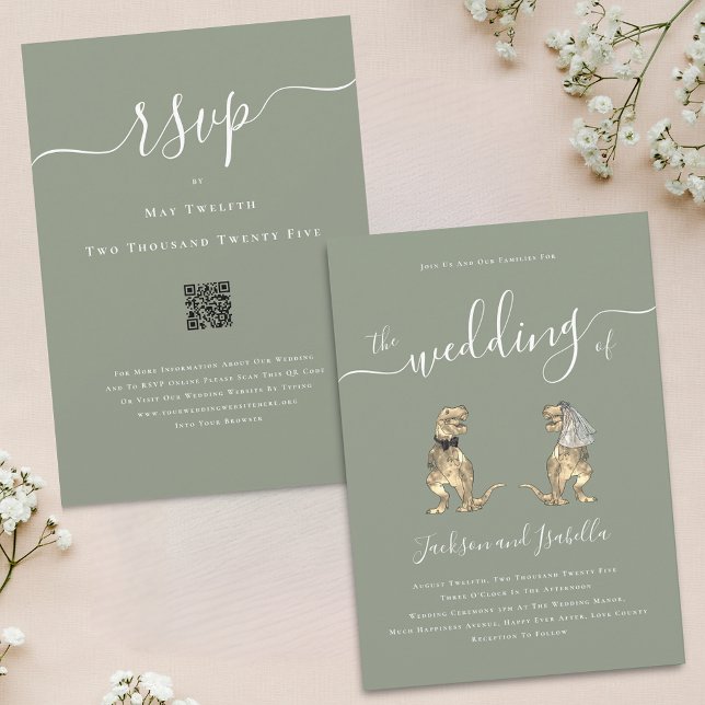 Convites Casamento Temático de Dinossauro Verde Sage Branco (Whimsical boho Dinosaur T-Rex bride and groom elegant sage green qr code wedding invitation)