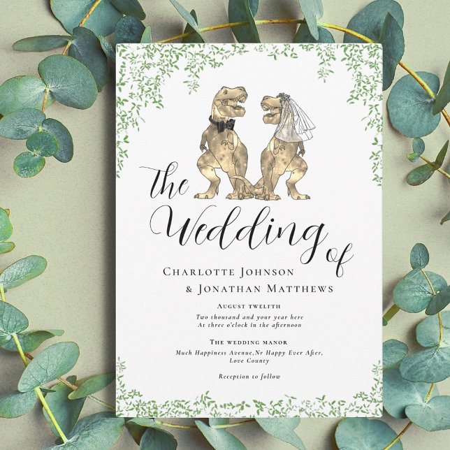 Convites Casamento Temático de Dinossauros (Dinosaur them wedding with watercolor eucalyptus foliage invitation)