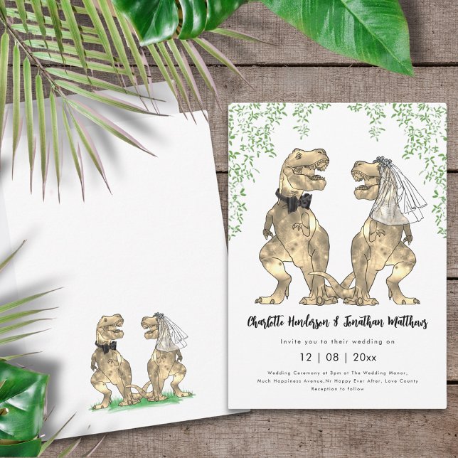 Convites Casamento Temático de Dinossauros (Dinosaur themed wedding invitation with funny T-Rex bride and groom and jungle foliage)