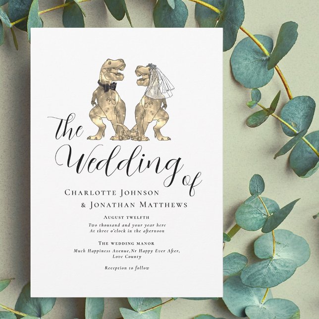 Convites Casamento Temático de Dinossauros (Dinosaur wedding elegant modern script invitation funny T-Rex dino bride and groom)