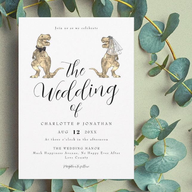 Convites Casamento Temático de Dinossauros (Dinosaur theme wedding elegant modern script invitation funny T-Rex dino bride and groom)