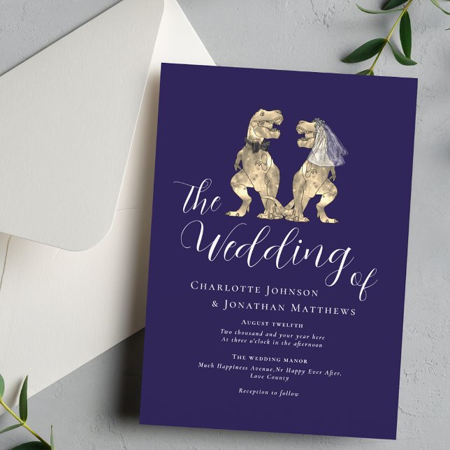 Convites Casamento Temático de Dinossauros Azul-Navy e Bran (Dinosaur theme wedding navy blue and white elegant script fun T-Rex dino bride and groom)