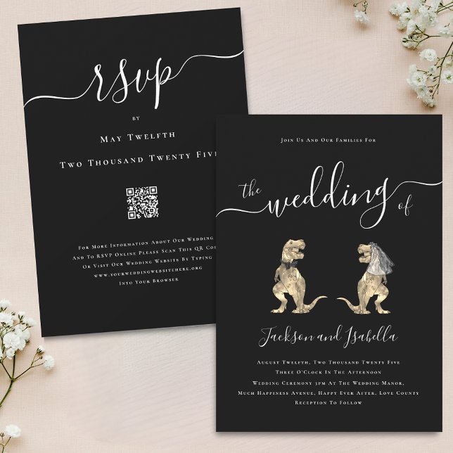 Convites Casamento Temático de Dinossauros Código QR Preto  (Dinosaur theme black and white wedding qr code invitation Elegant modern script T-Rex bride & groom)