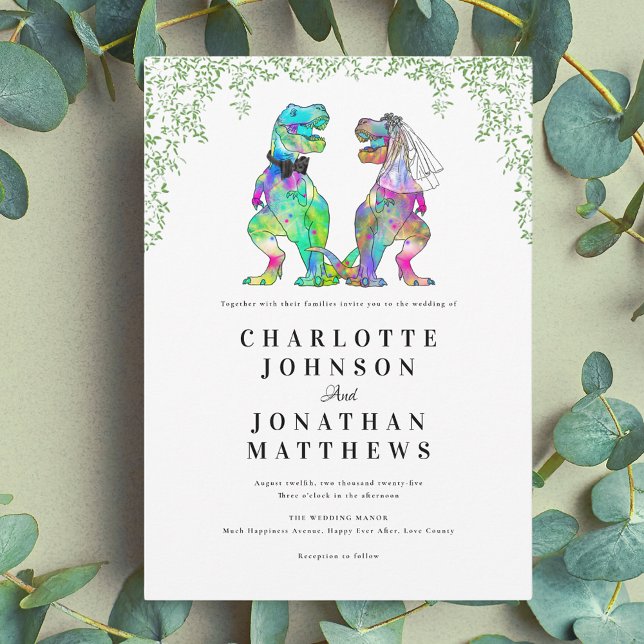 Convites Casamento Temático de Dinossauros Coloridos (Colorful dinosaur theme wedding invitation with modern script and watercolor foliage)