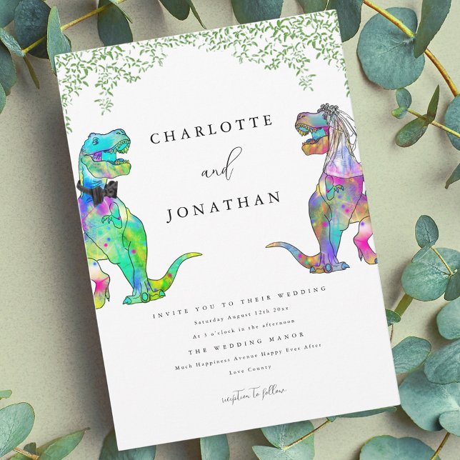 Convites Casamento Temático de Dinossauros Coloridos (Colorful Dinosaur theme wedding invitation with eucalyptus foliage)