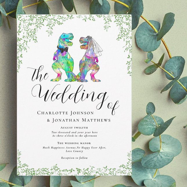 Convites Casamento Temático de Dinossauros Coloridos (Dinosaur theme wedding invitation with script and watercolor botanical greenery)