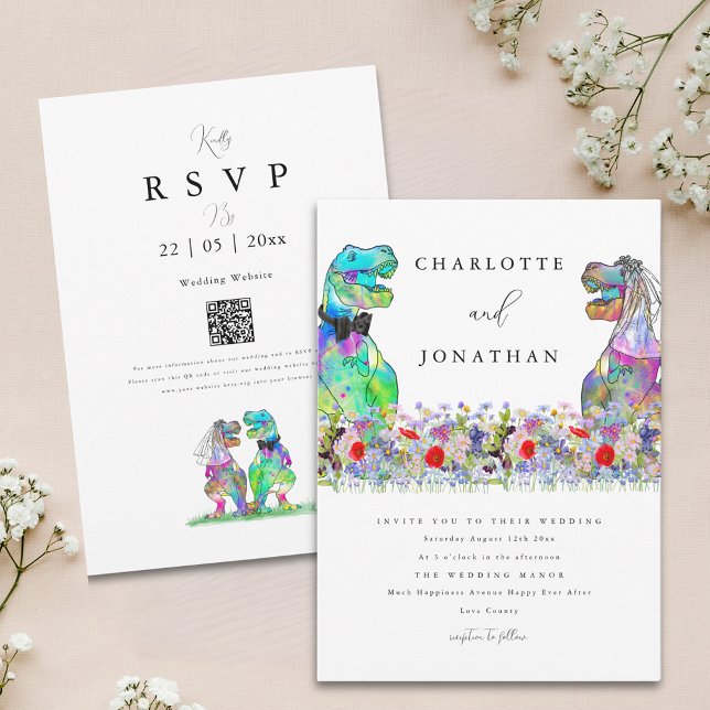 Convites Casamento Temático de Dinossauros com Flores Silve (Boho colorful wildflower dinosaur wedding invitation )