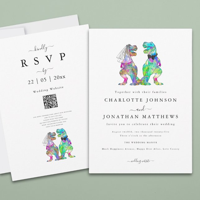 Convites Casamento Temático de Dinossauros Minimalista (Simple dinosaur theme wedding invitation with colorful watercolor T-Rex bride and groom)